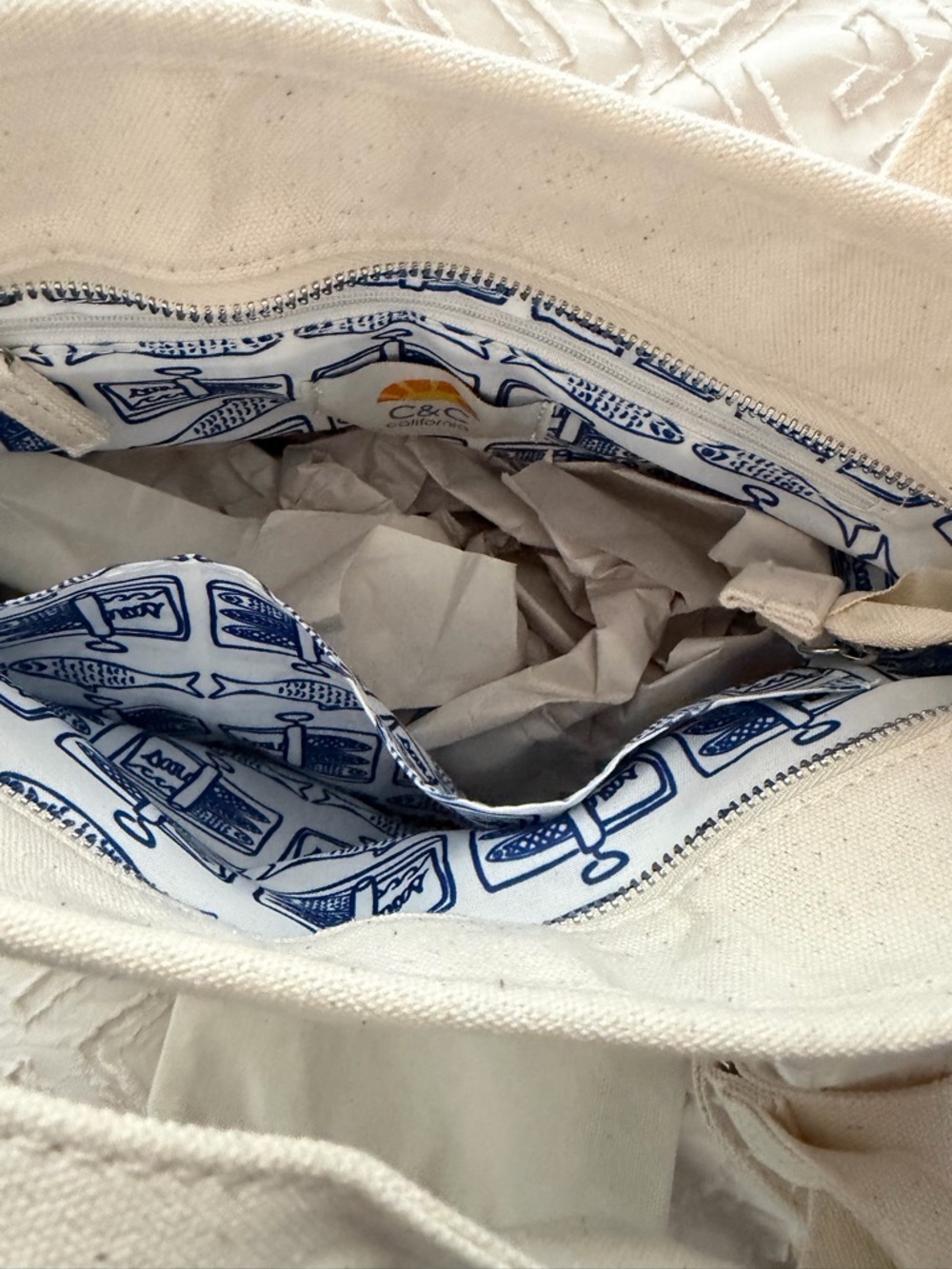 C&C California Embroidered Fish Canvas Tote in Natural with Blue Accents - Picture 6 of 8